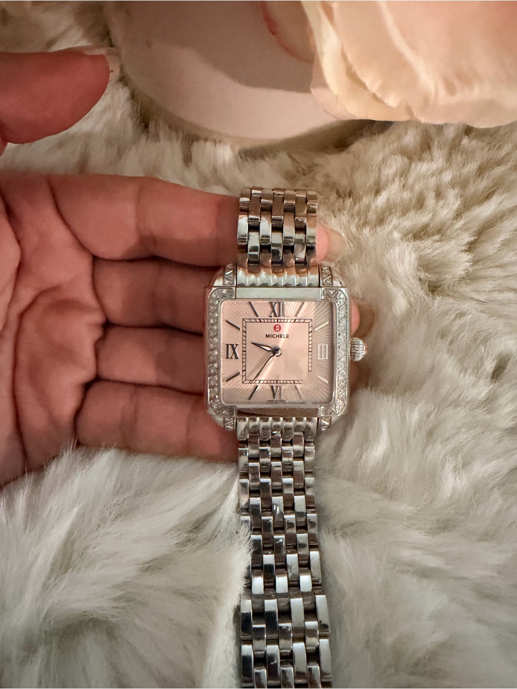 Michele Silver Bracelet Watch With Pink Dial And Diamond Accents